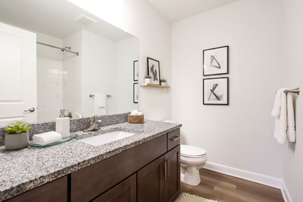 Brighton apartment for rent - A bathroom with a granite countertop and a white toilet.