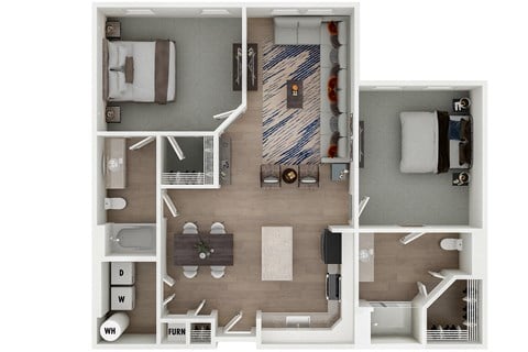 Floor plan for 2 beds, 2 baths, 1065 sqft