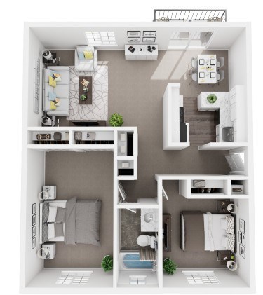 Floor plan for 2 beds, 1 bath, 909 sqft