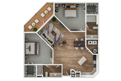 Floor plan for 2 beds, 2 baths, 1134 sqft