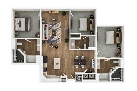 Floor plan for 3 beds, 3 baths, 1348 sqft