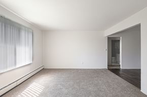 Madison Heights apartment for rent - A large, empty room with a carpeted floor and a doorway leading to another room.