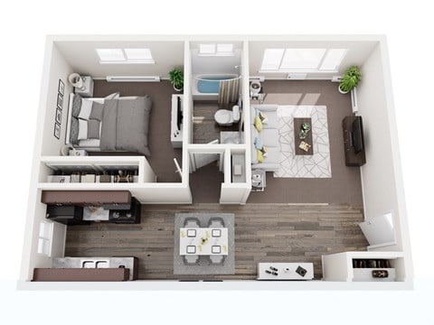Floor plan for 1 bed, 1 bath, 750 sqft