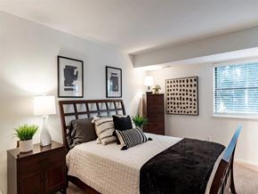 West Bloomfield apartment for rent - A bedroom with a bed, nightstand, and two wall art pieces.