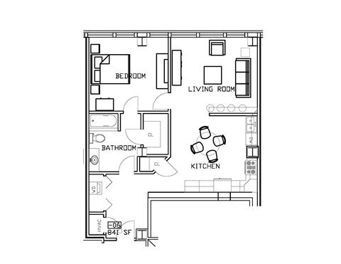 Floor plan for 1 bed, 1 bath, 841 sqft