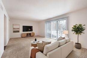 Southfield apartment for rent - A living room with a white couch, a television, a plant, and a window with blinds.