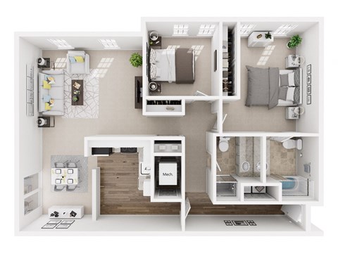 Floor plan for 2 beds, 2 baths, 1100 sqft