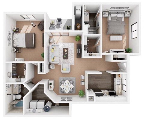 Floor plan for 2 beds, 2 baths, 1270 sqft