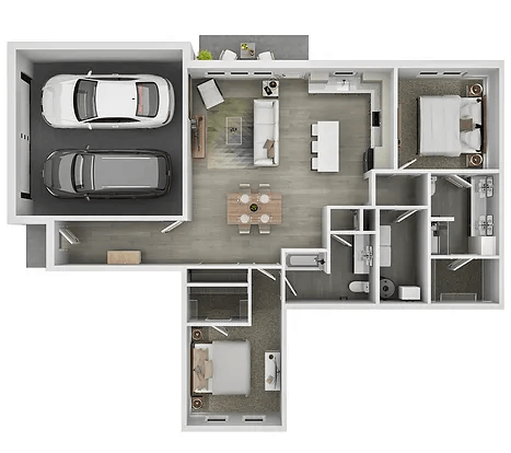 Floor plan for 2 beds, 2 baths, 1379 sqft