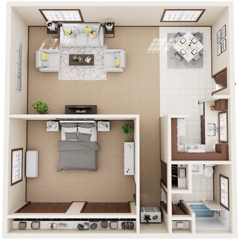 Floor plan for 1 bed, 1 bath, 750 sqft