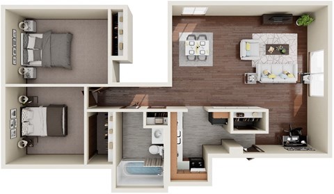 Floor plan for 2 beds, 1 bath, 775 sqft