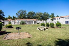 Madison apartment for rent - A baseball field with a scoreboard in the middle of a grassy area with a picnic table and a fence in the background.