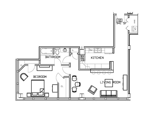 Floor plan for 1 bed, 1 bath, 941 sqft