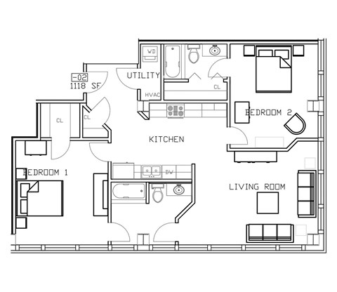 Floor plan for 2 beds, 2 baths, 1118 sqft
