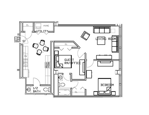 Floor plan for 1 bed, 1.5 baths, 1060 sqft