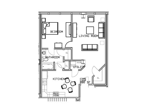 Floor plan for 1 bed, 1 bath, 880 sqft