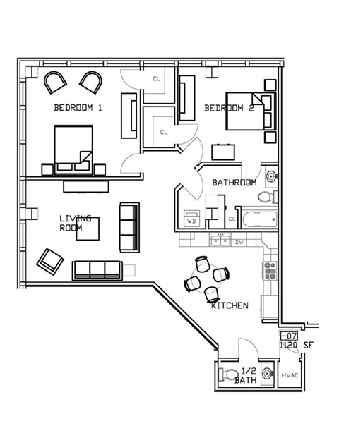 Floor plan for 2 beds, 1.5 baths, 1120 sqft