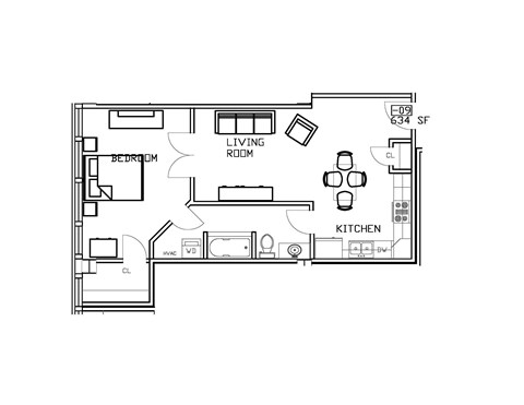 Floor plan for 1 bed, 1 bath, 634 sqft