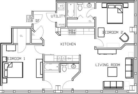 Floor plan for 2 beds, 2.5 baths, 1118 sqft