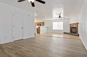 Spanish Fork apartment for rent - an empty living room with a ceiling fan and a fireplace