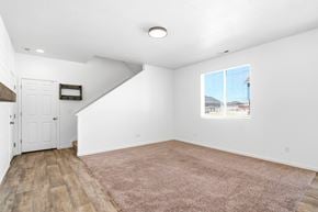 Stansbury Park apartment for rent - A room with a pink carpet and a window showing a building outside.