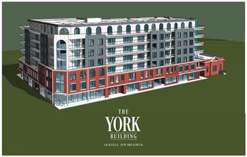 Sackville apartment for rent - A rendering of a multi-story building with the title "The York Building" and the location "Scarborough, New Brunswick".