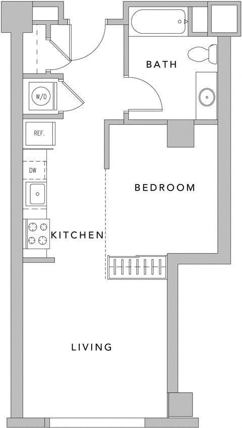 Floor plan for studio, 1 bath, 566 sqft