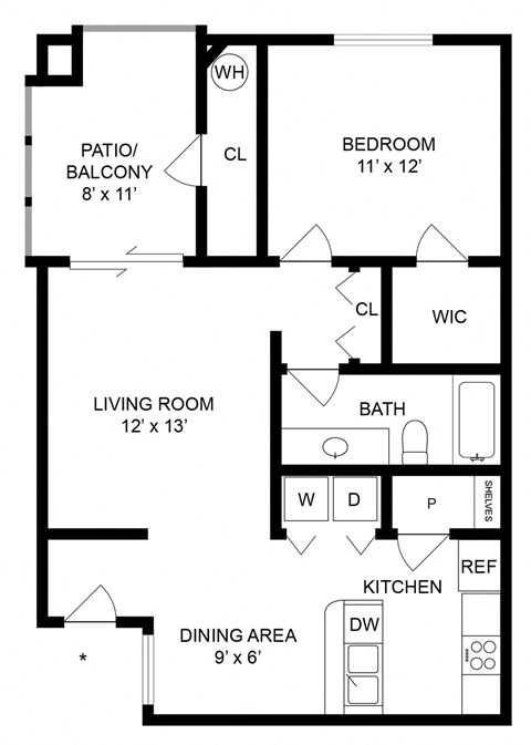Floor plan for 1 bed, 1 bath, 689 sqft