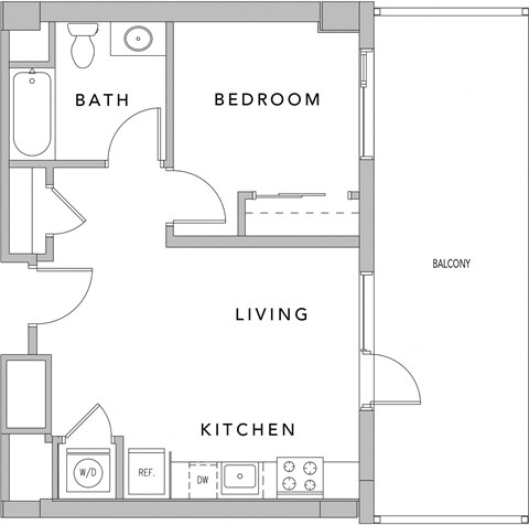 Floor plan for 1 bed, 1 bath, 527 sqft