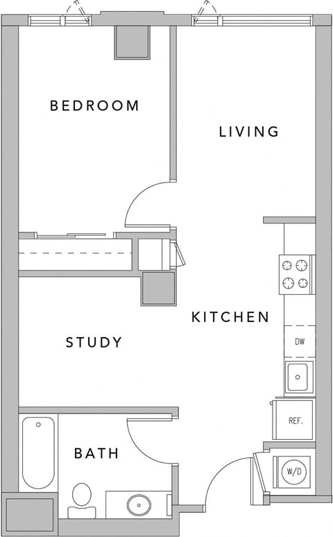 Floor plan for 1 bed, 1 bath, 677 sqft
