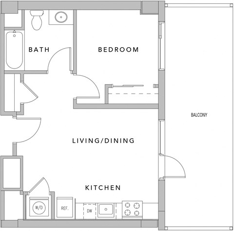 Floor plan for 1 bed, 1 bath, 691 sqft