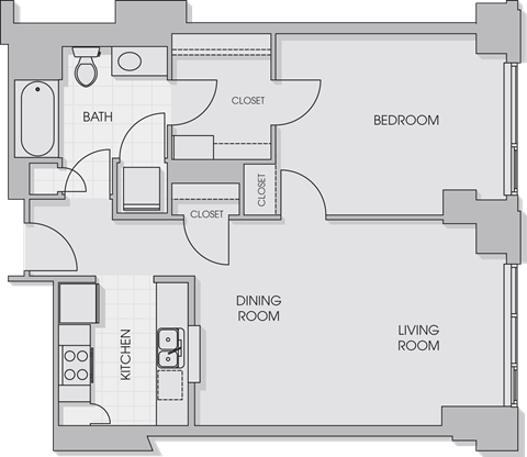 Floor plan for 1 bed, 1 bath, 752 sqft