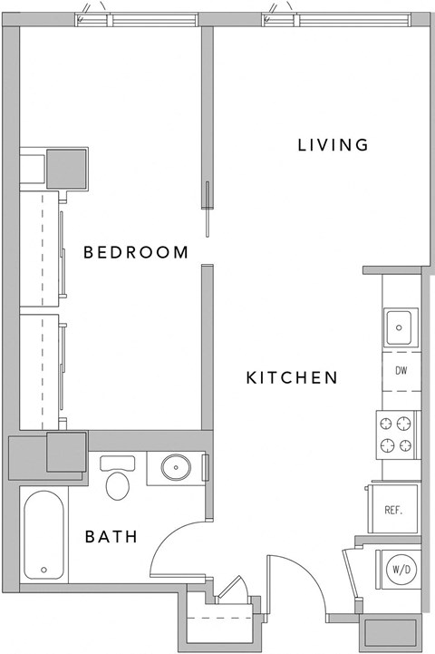 Floor plan for 1 bed, 1 bath, 683 sqft