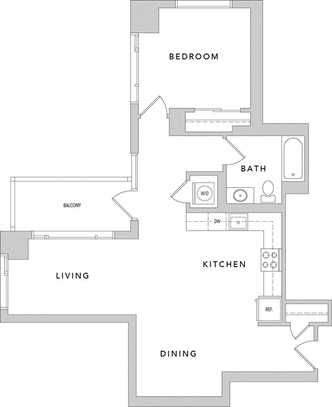 Floor plan for 1 bed, 1 bath, 849 sqft