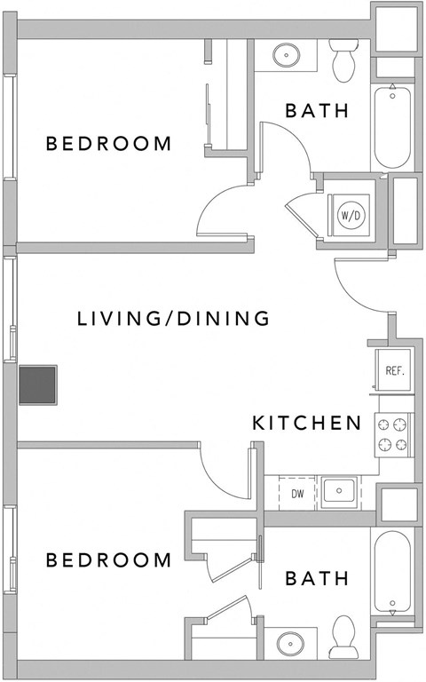 Floor plan for 2 beds, 2 baths, 844 sqft