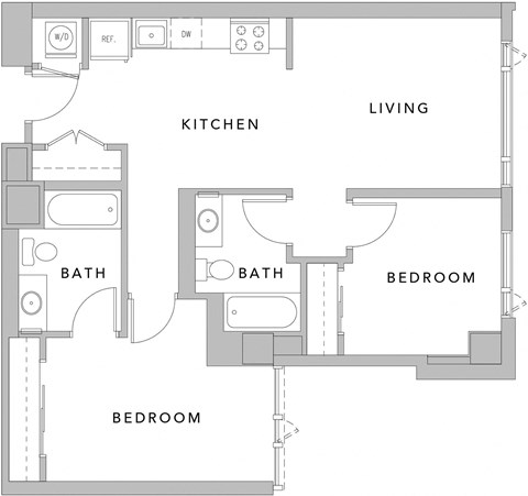 Floor plan for 2 beds, 2 baths, 917 sqft