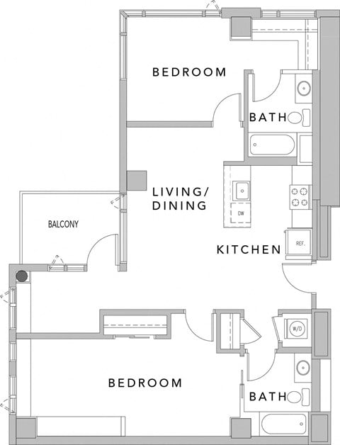 Floor plan for 2 beds, 2 baths, 946 sqft