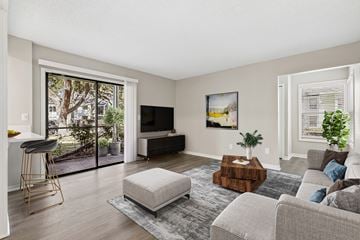 Tampa apartment for rent - A living room with a grey couch, a white chair, a wooden coffee table, and a painting on the wall.