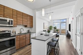Mclean apartment for rent - A modern kitchen with wooden cabinets and stainless steel appliances.