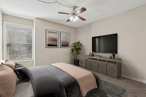 Tampa apartment for rent - A bedroom with a bed, a ceiling fan, a television, and a plant.