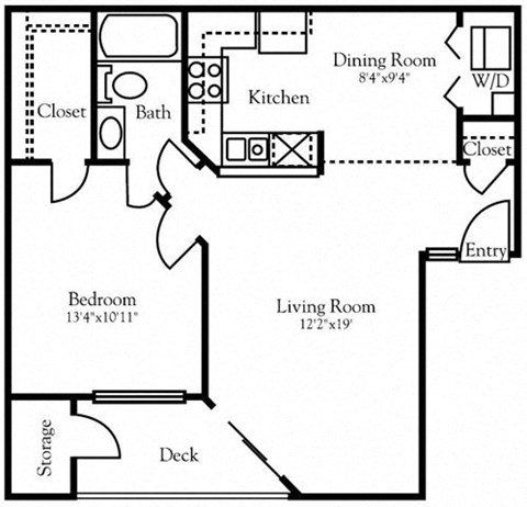 Floor plan for 1 bed, 1 bath, 688 sqft