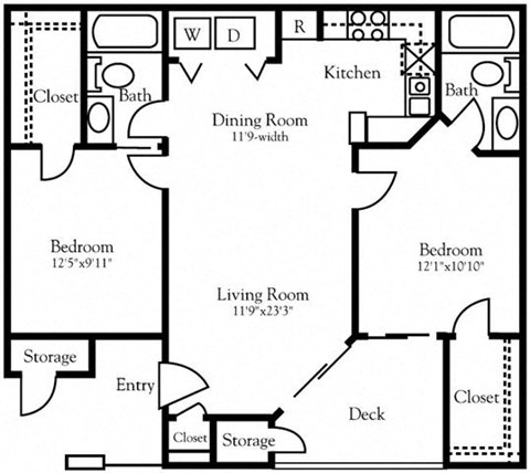 Floor plan for 2 beds, 2 baths, 876 sqft