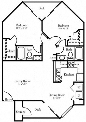 Floor plan for 2 beds, 2 baths, 926 sqft