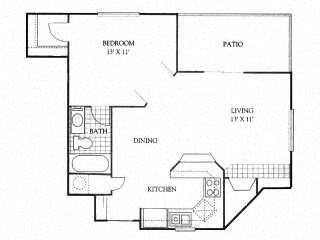 Floor plan for 1 bed, 1 bath, 635 sqft