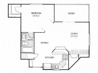 Floor plan for 1 bed, 1 bath, 635 sqft