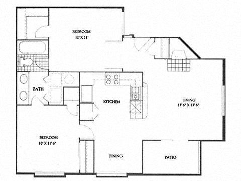 Floor plan for 2 beds, 1 bath, 840 sqft