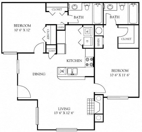 Floor plan for 2 beds, 2 baths, 935 sqft