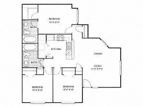 Floor plan for 3 beds, 2 baths, 1065 sqft