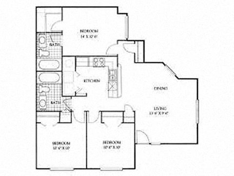 Floor plan for 3 beds, 2 baths, 1065 sqft