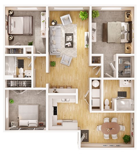 Floor plan for 3 beds, 2 baths, 1265 sqft
